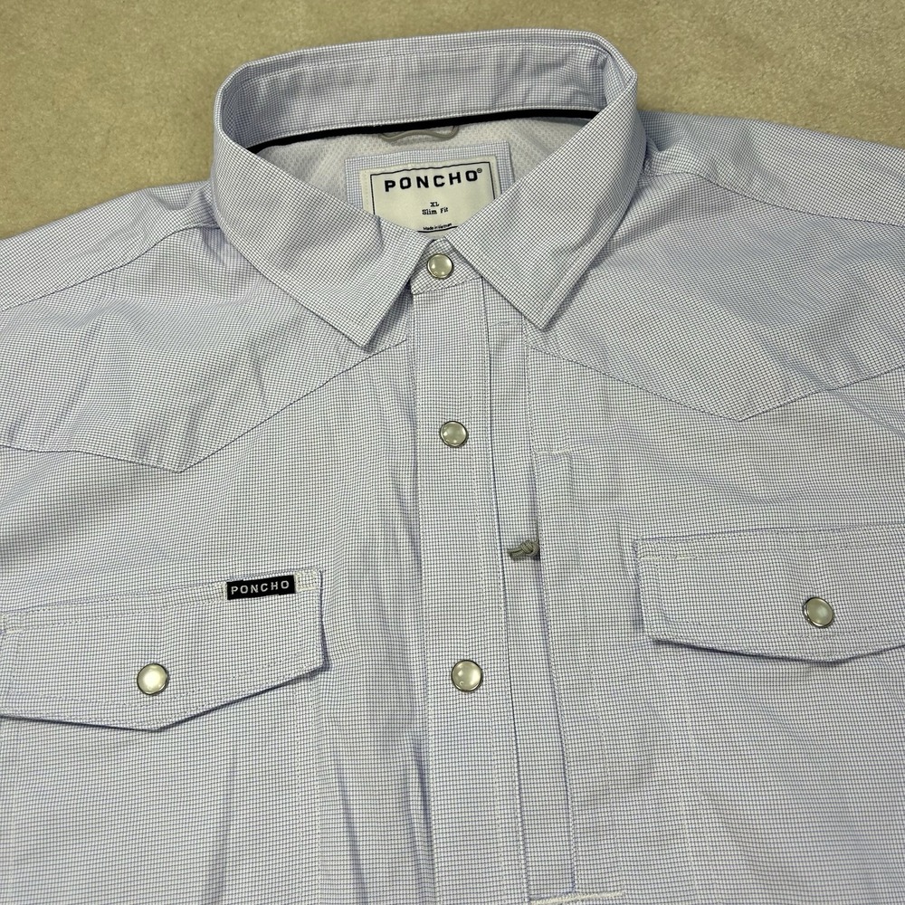 Poncho Western Pearl Snap Shirt Mens XL Slim Micro Check The Neuces Performance